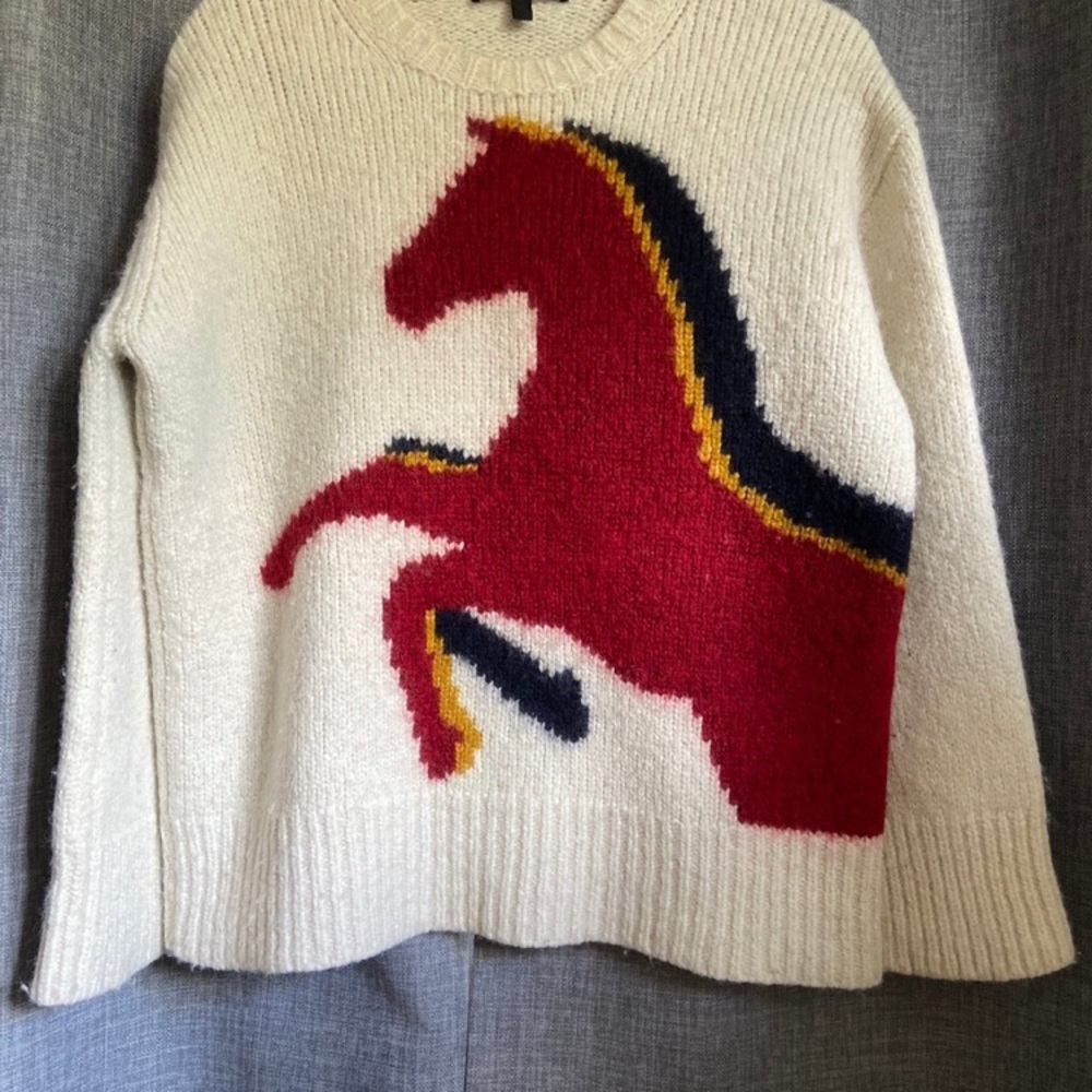 Cream Sweater with Red Horse Design